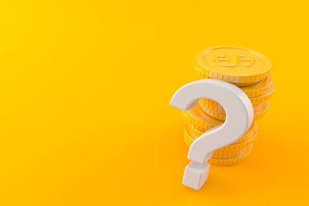 Question mark with stack of coins isolated on orange background. 3d illustrationの写真素材