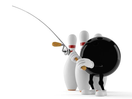 Bowling character with fishing rod isolated on white background. 3d illustrationの写真素材