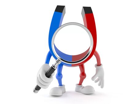 Magnet character looking through magnifying glass isolated on white background. 3d illustrationの写真素材