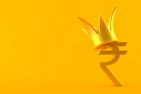Rupee currency symbol with golden crown isolated on orange background. 3d illustrationの写真素材