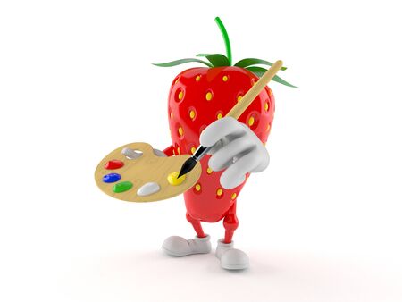 Strawberry character holding paintbrush and paint palette isolated on white background. 3d illustrationの写真素材