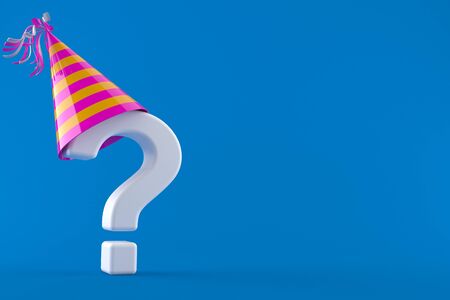 Question mark with party hat isolated on blue background. 3d illustrationの写真素材