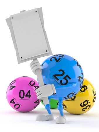 Lotto ball character holding protest sign isolated on white background. 3d illustrationの写真素材