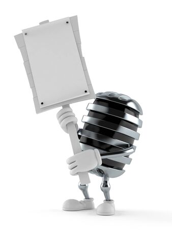 Microphone character holding protest sign isolated on white background. 3d illustrationの写真素材