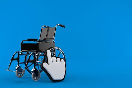 Wheelchair with web cursor isolated on blue background. 3d illustrationの写真素材