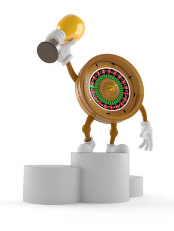 Roulette character holding golden trophy isolated on white background. 3d illustrationの写真素材