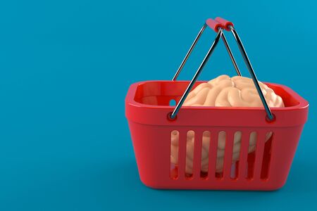 Shopping basket with brain isolated on blue background. 3d illustrationの写真素材