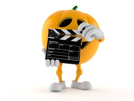 Halloween pumpkin character holding clapboard isolated on white background. 3d illustrationの写真素材