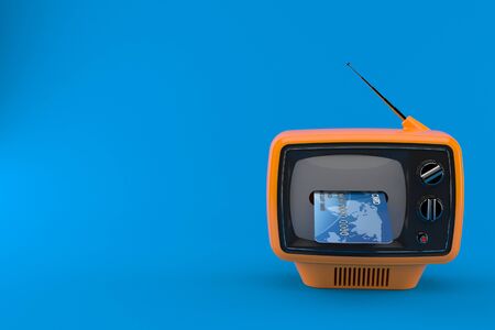 Old TV with credit card isolated on blue background. 3d illustrationの写真素材