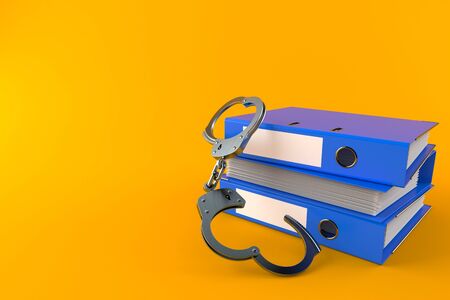 Ring binders with handcuffs isolated on orange background. 3d illustrationの写真素材