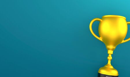 Golden trophy on blue background. 3d illustrationの写真素材