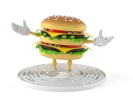 Hamburger character inside maze isolated on white background. 3d illustrationの写真素材