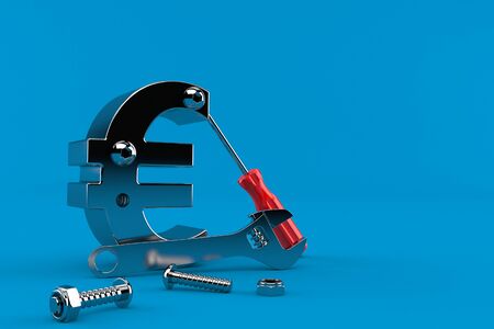 Euro currency with bolts and wrench isolated on blue background. 3d illustrationの写真素材