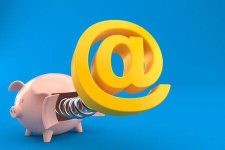 E-mail symbol with piggy bank isolated on blue background. 3d illustrationの写真素材