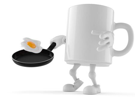 Mug character with frying pan isolated on white background. 3d illustrationの写真素材