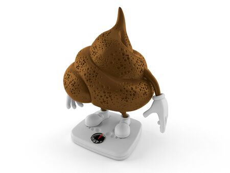 Poop character standing on weight scale isolated on white background. 3d illustrationの写真素材