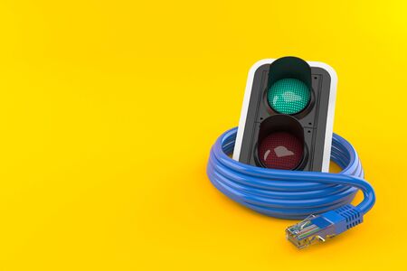 Green traffic light with network cable isolated on orange background. 3d illustration