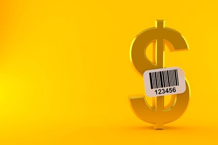 Dollar currency with barcode sticker isolated on orange background. 3d illustrationの写真素材