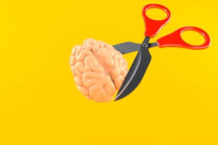 Brain with scissors isolated on orange background. 3d illustrationの写真素材