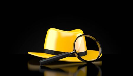 Detective hat and magnifying glass on black background. 3d illustrationの写真素材