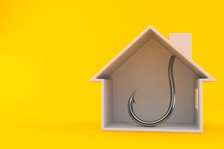 Fishing hook inside house cross-section isolated on orange background. 3d illustrationの写真素材