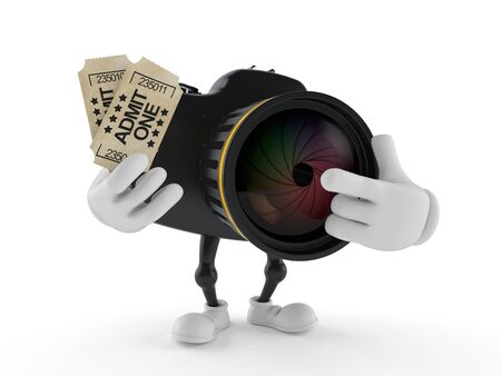 Camera character holding tickets isolated on white background. 3d illustrationの写真素材