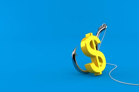 Dollar currency with fishing hook isolated on blue background. 3d illustrationの写真素材