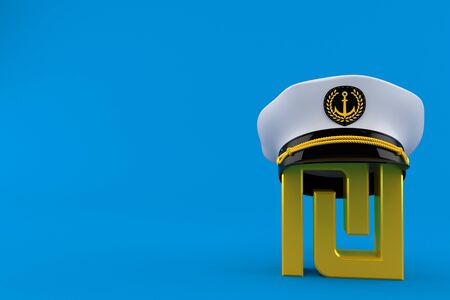 Shekel currency symbol with captain's hat isolated on blue background. 3d illustrationの写真素材