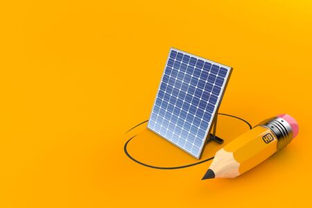 Photovoltaic panel with pencil isolated on orange background. 3d illustration