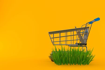 Shopping cart on grass isolated on orange background. 3d illustrationの写真素材