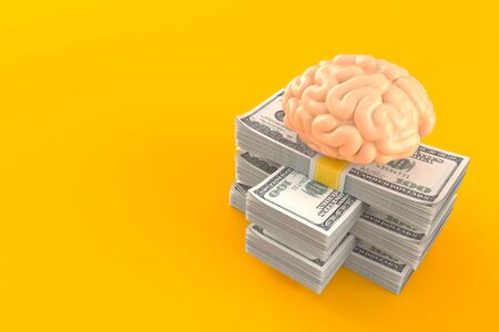 Brain on stack of money isolated on orange background. 3d illustrationの写真素材