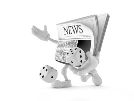 Newspaper character throwing dice isolated on white background. 3d illustrationの写真素材