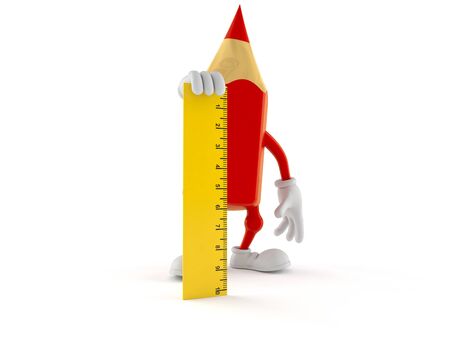 Colored pencil character holding ruler isolated on white background. 3d illustrationの写真素材