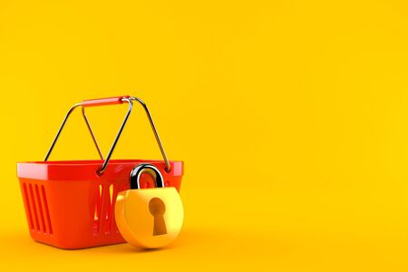 Shopping basket with padlock isolated on orange background. 3d illustrationの写真素材