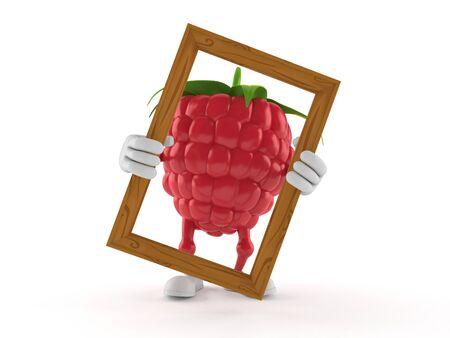 Raspberry character holding picture frame isolated on white background. 3d illustrationの写真素材