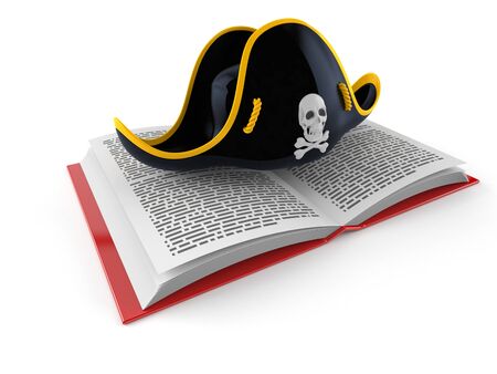 Pirate hat on open book isolated on white background. 3d illustrationの写真素材