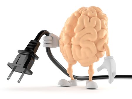 Brain character holding electric plug isolated on white background. 3d illustrationの写真素材