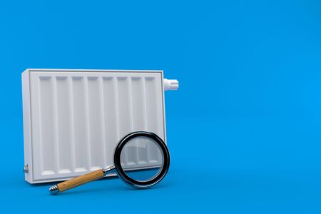 Radiator with magnifying glass isolated on blue background. 3d illustrationの写真素材