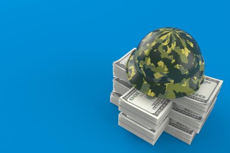 Military helmet on stack of money isolated on blue background. 3d illustrationの写真素材