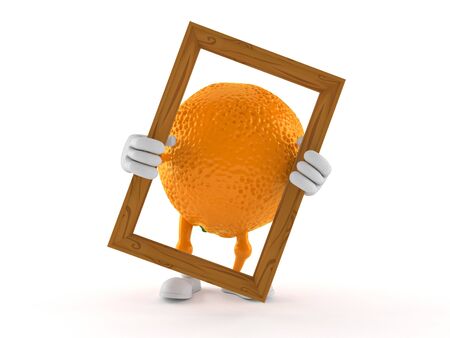 Orange character holding picture frame isolated on white background. 3d illustrationの写真素材