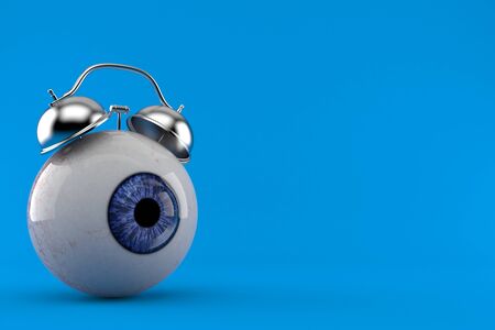 Eye ball with alarm clock isolated on blue background. 3d illustration