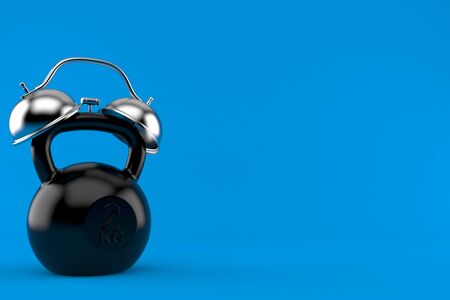 Kettlebell with alarm clock isolated on blue background. 3d illustration