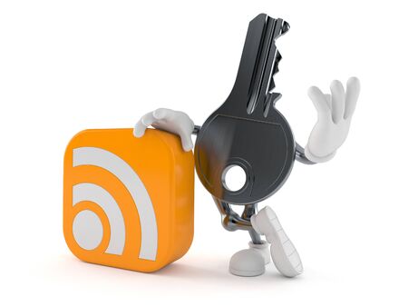 Door key character with RSS icon isolated on white background. 3d illustrationの写真素材