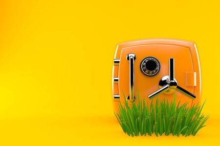 Orange safe on grass isolated on orange background. 3d illustrationの写真素材