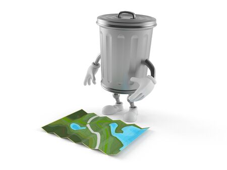 Trash can character looking at map isolated on white background. 3d illustrationの写真素材