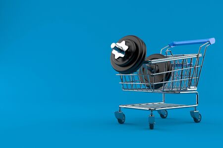 Dumbbell with shopping cart isolated on blue background. 3d illustrationの写真素材