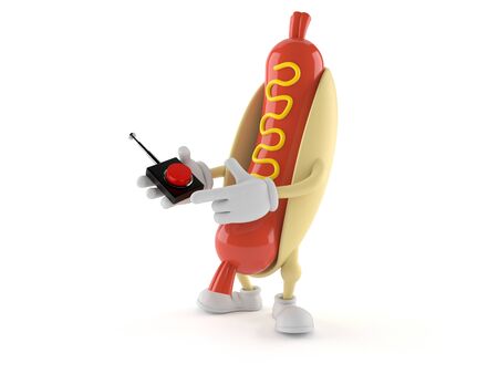 Hot dog character pushing button on white background. 3d illustrationの写真素材