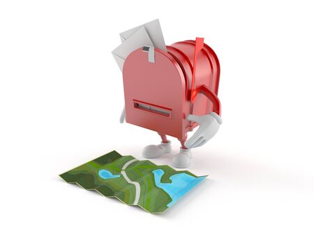 Mailbox character looking at map isolated on white background. 3d illustrationの写真素材