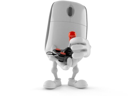 Computer mouse character holding retro joystick isolated on white background. 3d illustrationの写真素材