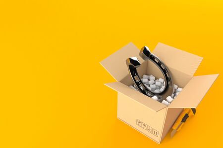 Horseshoe inside package isolated on orange background. 3d illustrationの写真素材